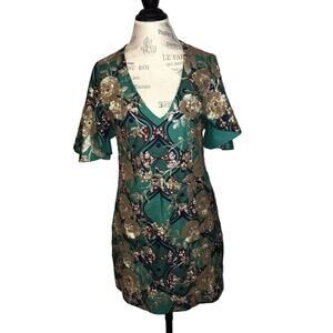 Amenapih Paris Green Teal Gold Beaded Kimono Style Mini Dress Sz FR 2 US 6